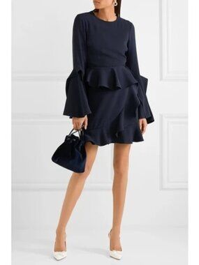 REBECCA VALLANCE Navy Ruffle Long Sleeve Dress Size US 6